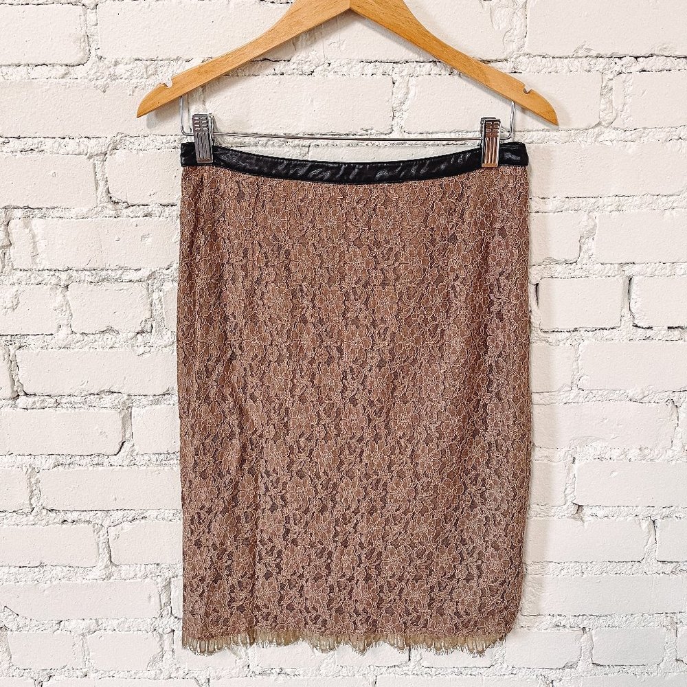 BRAND NEW Tan Lace Pencil Skirt with Leather Trim